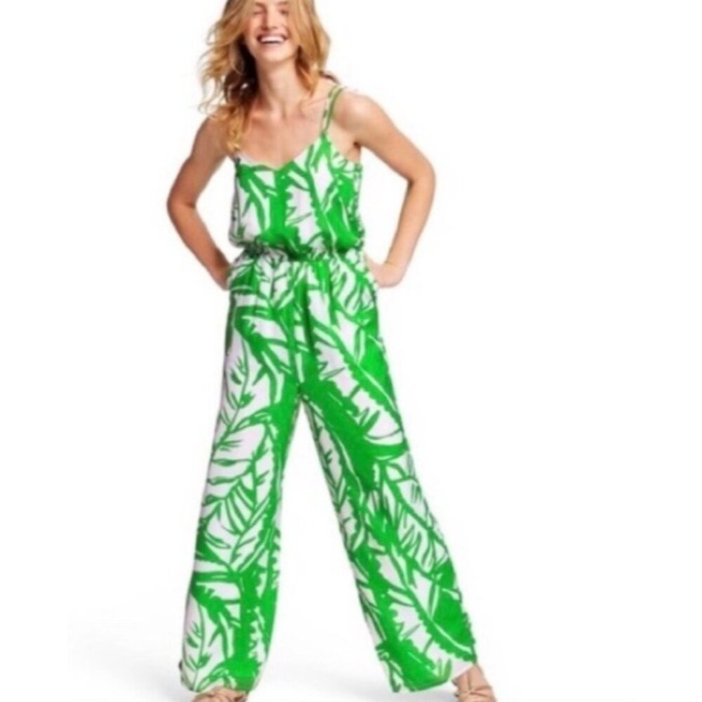 Lilly Pulitzer Green Palm Boom Boom Sleeveless Jumpsuit Medium Pockets Vacation
